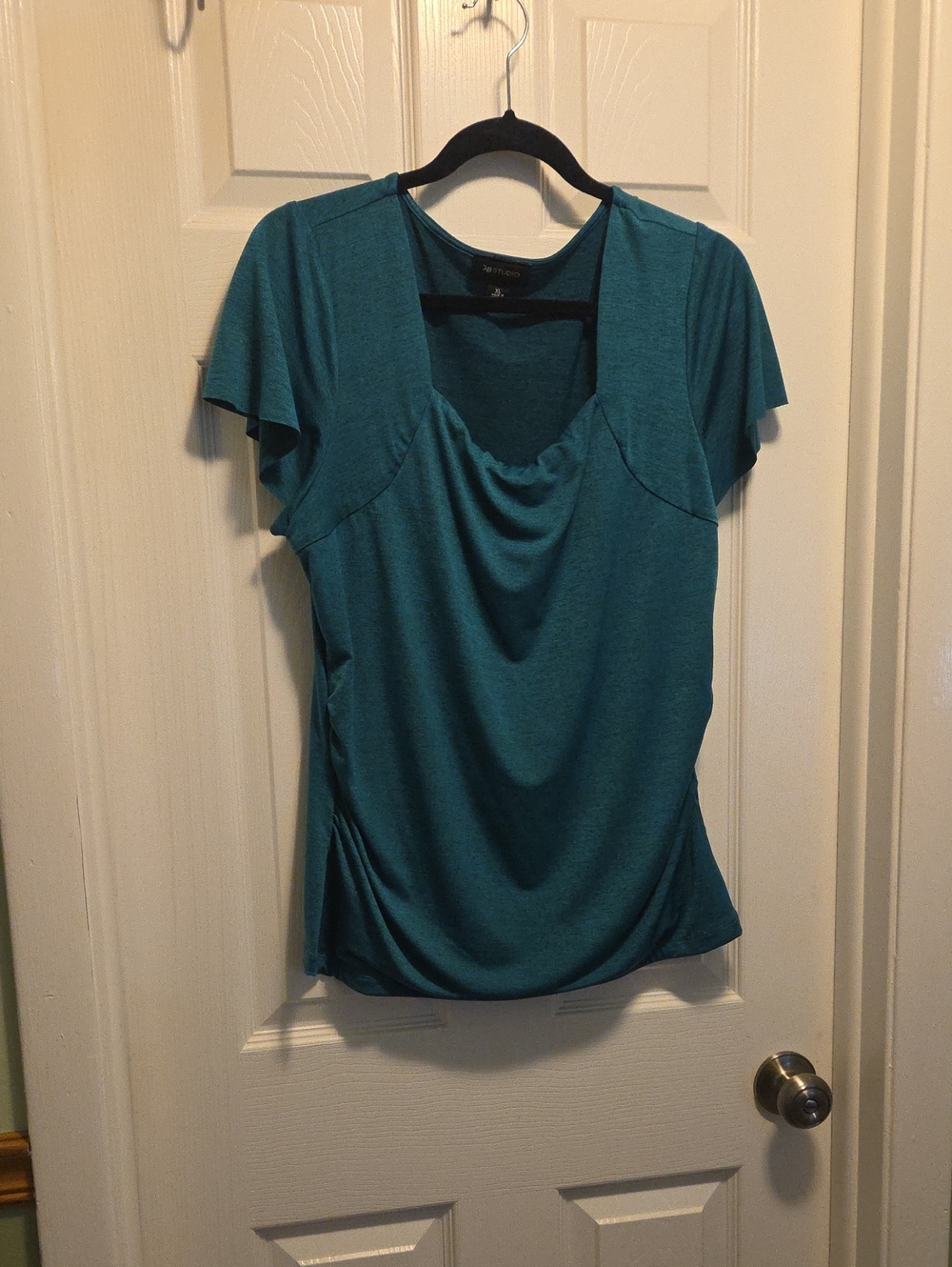 AB Studio Teal Short Sleeve Draped Neck Top